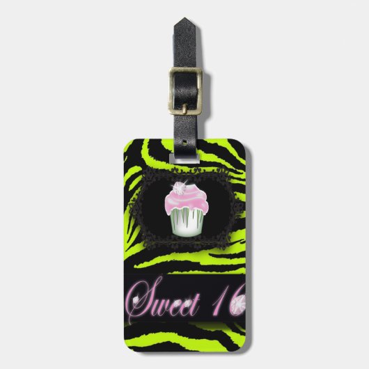 Lime groene zebra print roze cupcake zoet zestien bagagelabel (Voorkant verticaal)