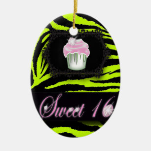Lime groene zebra print roze cupcake zoet zestien keramisch ornament
