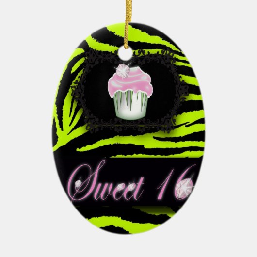 Lime groene zebra print roze cupcake zoet zestien keramisch ornament (Voorkant)
