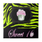 Lime groene zebra print roze cupcake zoet zestien tegeltje (Voorkant)