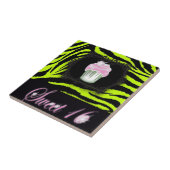 Lime groene zebra print roze cupcake zoet zestien tegeltje (Zijkant)