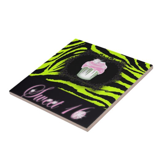 Lime groene zebra print roze cupcake zoet zestien tegeltje (Zijkant)