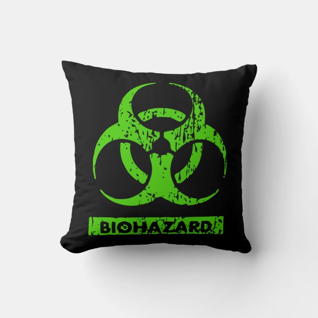 Lime Neon Groen Bio-Hazard Chemicaliën Grafisch Kussen (Voorkant)