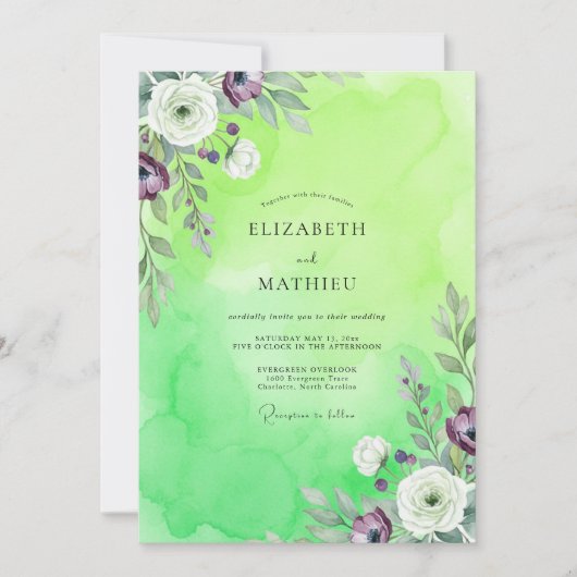 Lime Paarse Ranunculus Eucalyptus Bruiloft Kaart (Voorkant)