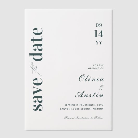 Limed Spruce Modern Minimal Wedding Save the Date Vellum Uitnodigingen (Voorkant)