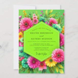 Limegroene bloeiende bloemen bruiloft kaart