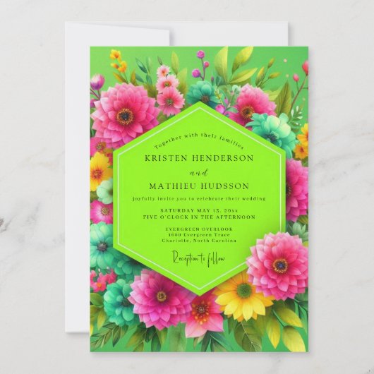 Limegroene bloeiende bloemen bruiloft kaart (Voorkant)