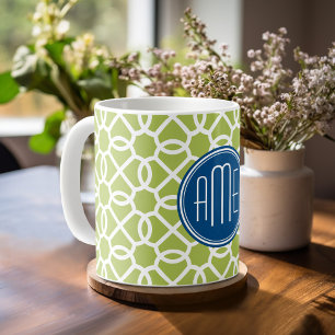 Limegroene en blauwe geometrische patroonmonogramm koffiemok