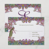 Limegroene en frambozen damast bruiloft uitnodigin RSVP kaartje (Voorkant / Achterkant)