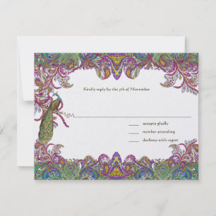 Limegroene en frambozen damast bruiloftsinvatie RSVP kaartje