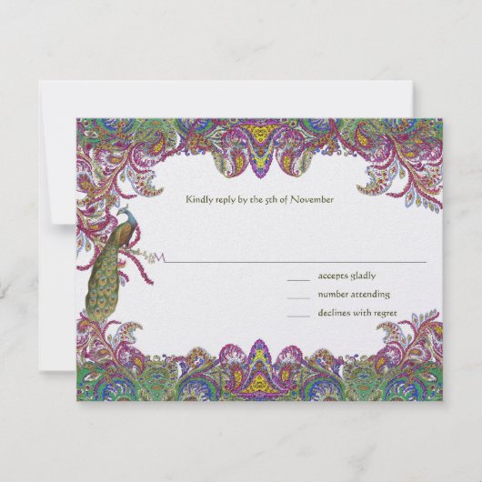 Limegroene en frambozen damasten trouwuitnodiging RSVP kaartje (Voorkant)