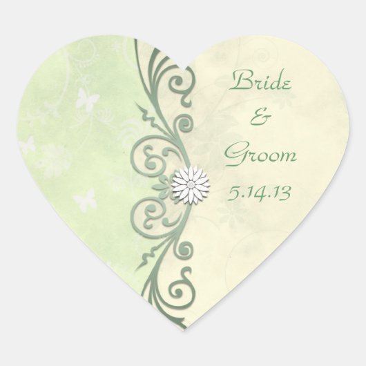 Limegroene en gele lente bloem bruiloft hart sticker (Voorkant)