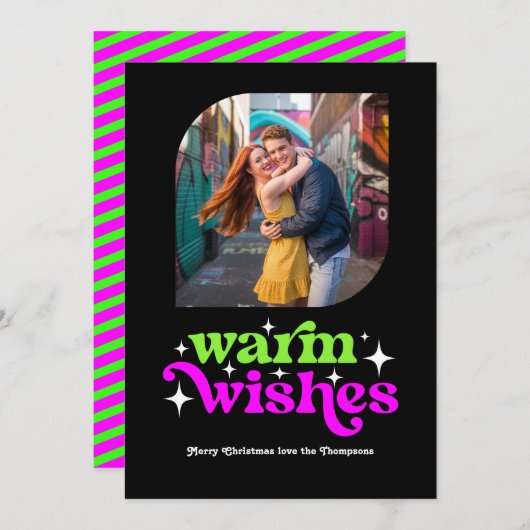 Limegroene en magenta moderne retro kerstfoto feestdagenkaart (Voorkant / Achterkant)