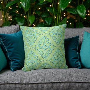 Limegroene en turkooizen fantasie damast kussen
