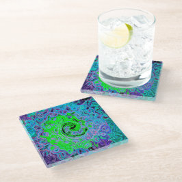 Limegroene Groovy Abstracte Retro Vloeibare Draaik Glazen Onderzetter