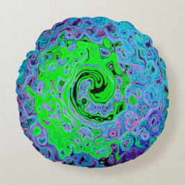Limegroene Groovy Abstracte Retro Vloeibare Draaik Rond Kussen