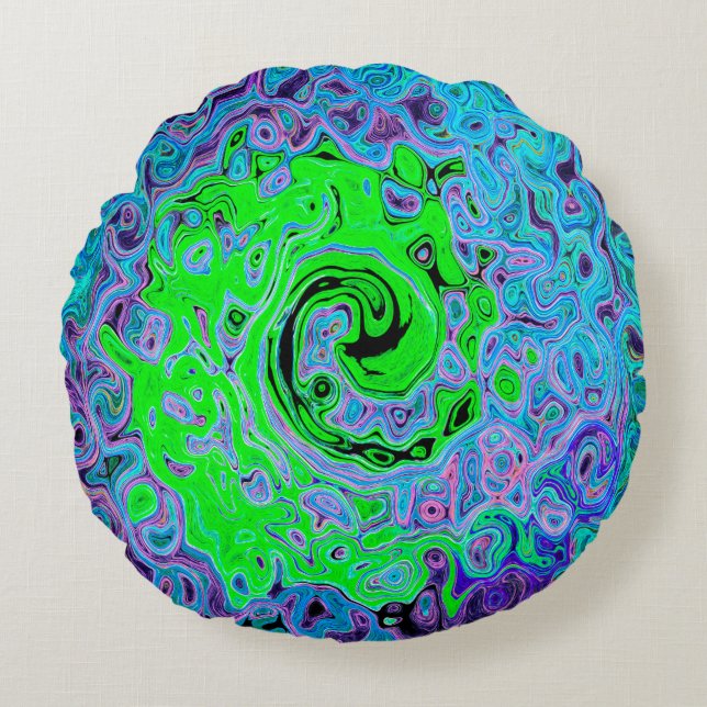 Limegroene Groovy Abstracte Retro Vloeibare Draaik Rond Kussen (Voorkant)