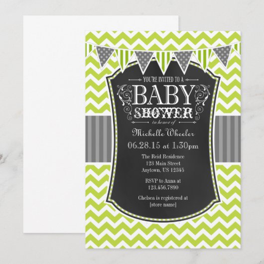 Limegroene krijtbord Chevron babyshower uitnodigin Kaart (Voorkant / Achterkant)