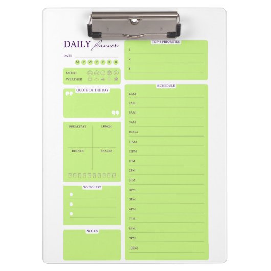 Limegroene minimalistische dagelijkse planner sjab klembord (Voorkant)