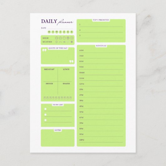 Limegroene minimalistische dagelijkse plannermodel briefkaart (Voorkant)