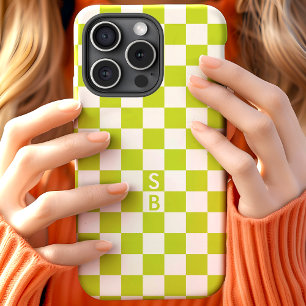 Limegroene Retro Geruite Patroon Monogram iPhone 15 Case