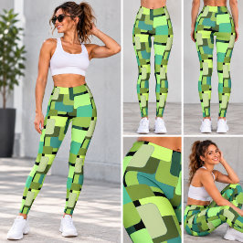 Limegroene turquoise mid-century geometrisch abstr leggings