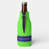 Limegroene witte polka stippen Navy naammonogram Flesjeskoeler (Fles Achterkant)