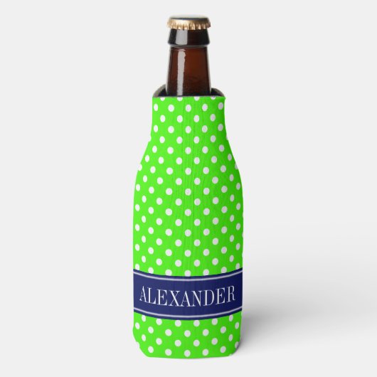 Limegroene witte polka stippen Navy naammonogram Flesjeskoeler (Fles Voorkant)