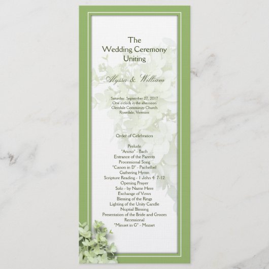 Limelight Tall Hydrangea Wedding Program Sjabloon (Voorkant)