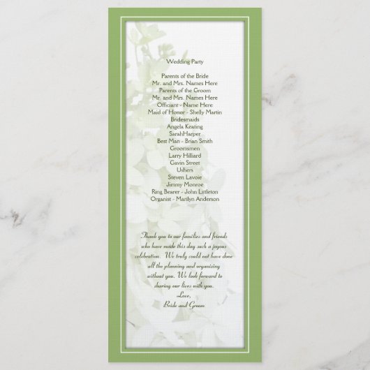 Limelight Tall Hydrangea Wedding Program Sjabloon (Achterkant)
