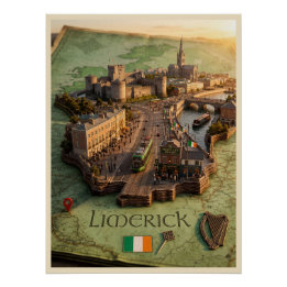 Limerick Ierland 3D kaart illustratie poster