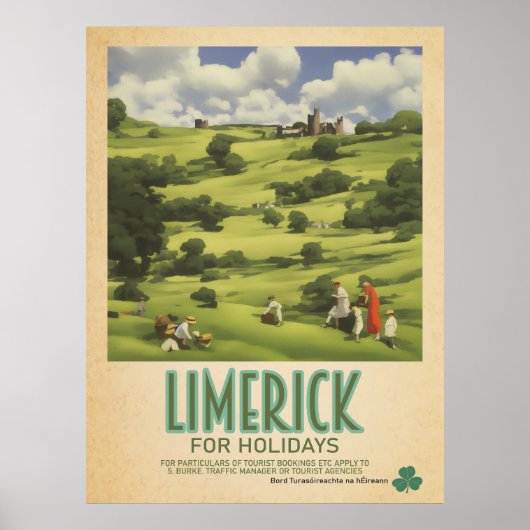 Limerick Ireland, Retro Irish Travel Advert Poster (Voorkant)