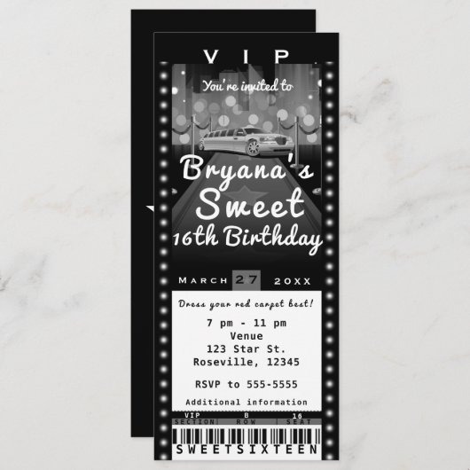 Limo in de stad Black & White Party Ticket uitnodi Kaart (Voorkant / Achterkant)