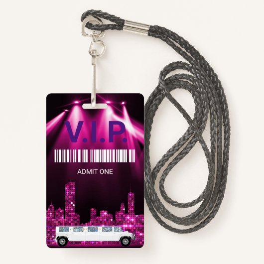 Limo Pass Party Pass, VIP, Invitation, glitter Badge (Voorkant met draagriem)
