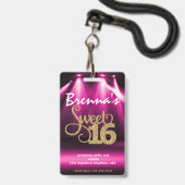 Limo Pass Party Pass, VIP, Sweet 16 glitter Badge (Achterkant met lanyard)