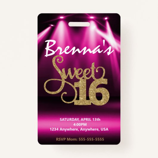 Limo Pass Party Pass, VIP, Sweet 16 glitter Badge (Achterkant)