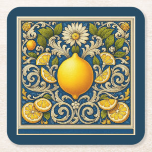 Limoen Amalfi Blauw Mediterrane Art Nouveau Kartonnen Onderzetters