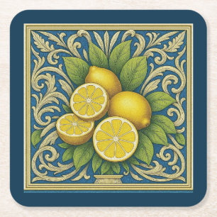 Limoen Amalfi Blauw Mediterrane Art Nouveau Kartonnen Onderzetters