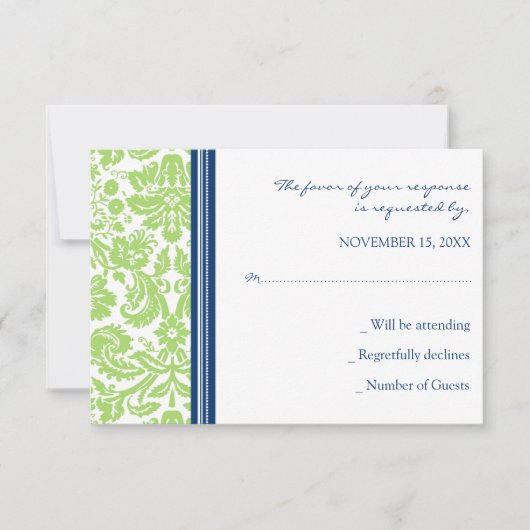 Limoen Blue Damask RSVP Weddenskaart (Voorkant)