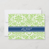 Limoen Blue Damask RSVP Weddenskaart (Achterkant)