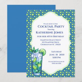 Limoen Blue Mojito Birthday Cocktail Party Kaart
