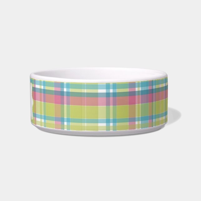 Limoen & Blue Plaid Gepersonaliseerd Voerbakje (Rechts)