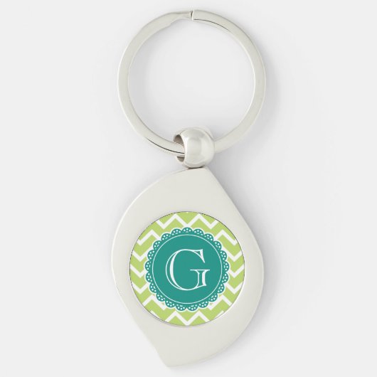 Limoen Chevron Blauwgroen monogram Sleutelhanger (Voorkant)