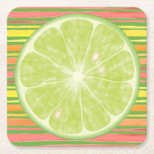 Limoen Citrus Slice on Stripes Square Paper Onderz Kartonnen Onderzetters