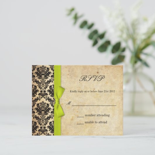 Limoen Damask Bow Wedding RSVP (Staand voorkant)