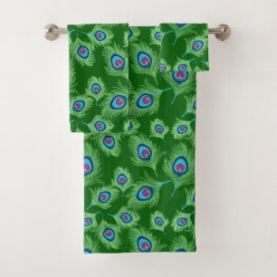Limoen en blauwe pauwenveren op smaragdgroen bad handdoek