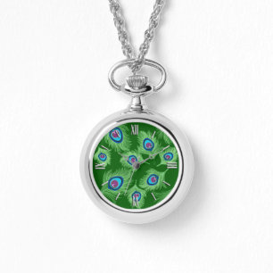 Limoen en Blauwe Peacock Feathers op Emerald Green Horloge
