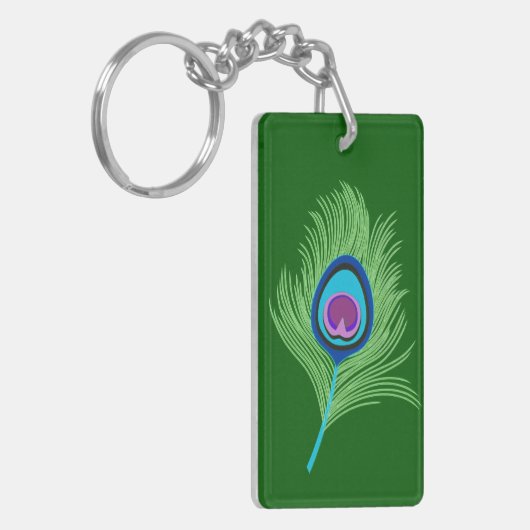 Limoen en Blauwe Peacock Feathers op Emerald Green Sleutelhanger (Voorkant Links)