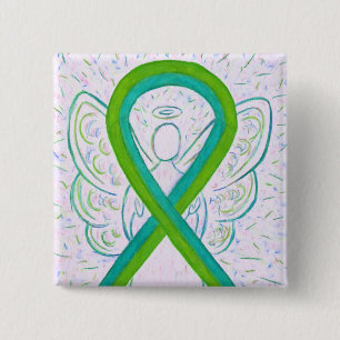Limoen en Blauwgroen bewustzijn Ribbon Angel Butto Vierkante Button 5,1 Cm