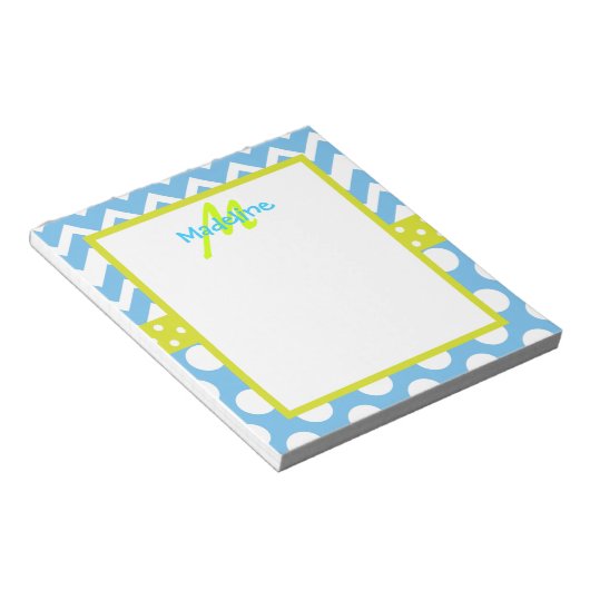 Limoen en Blue Chevron Polka Dots Monogram Notitie Notitieblok (Schuin)